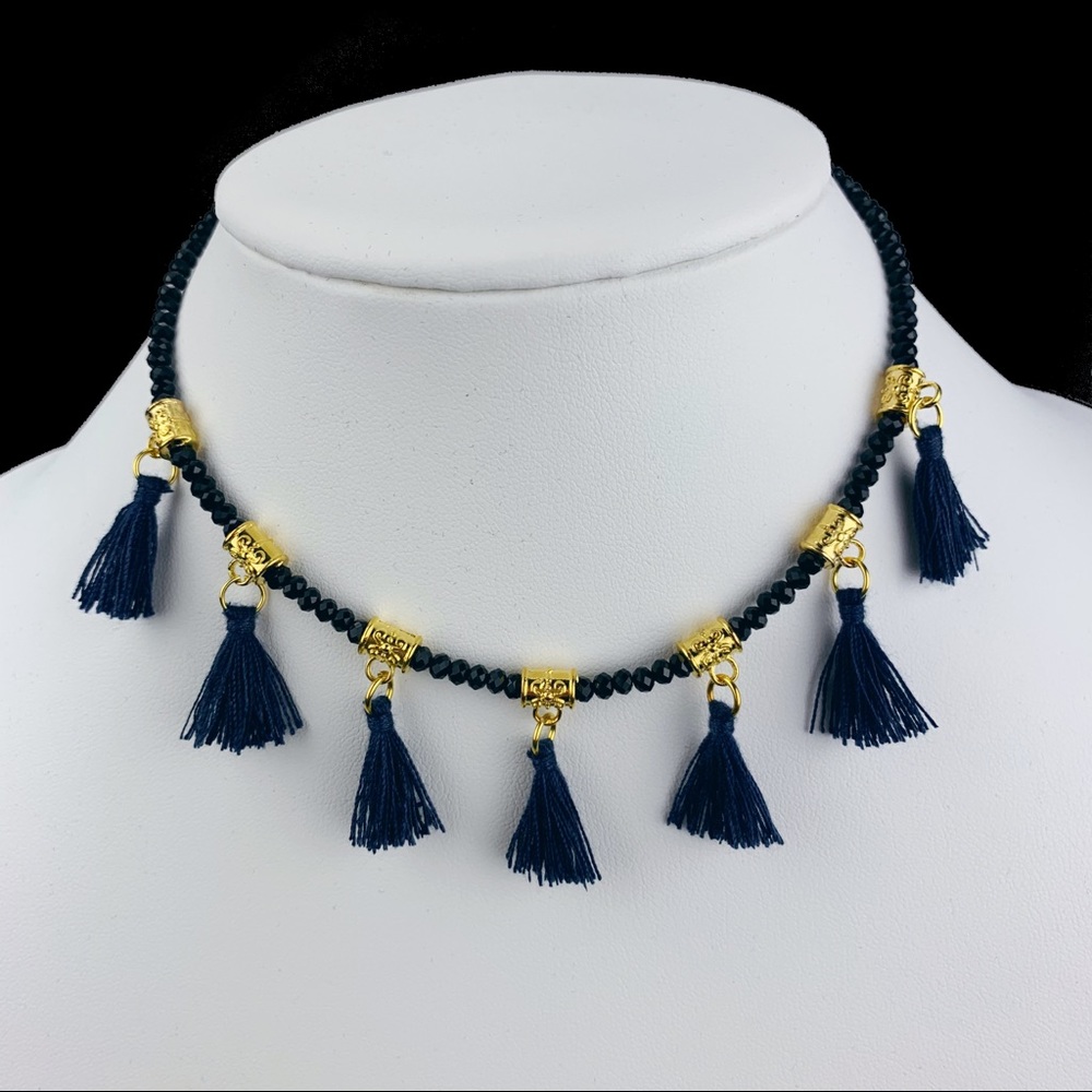 Elise M. Black Glass Gold Bead & Navy Blue Tassel Choker Necklace NWT Adjustable